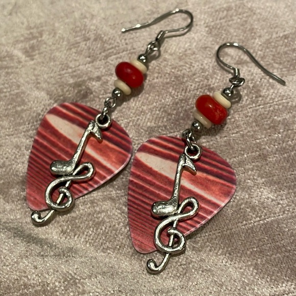 Guitar Pic Earrings Red & White Striped Music Note Earrings - Picture 1 of 5